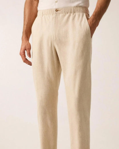 Men's coffee-colored linen pants, front view – Grinenko & Co