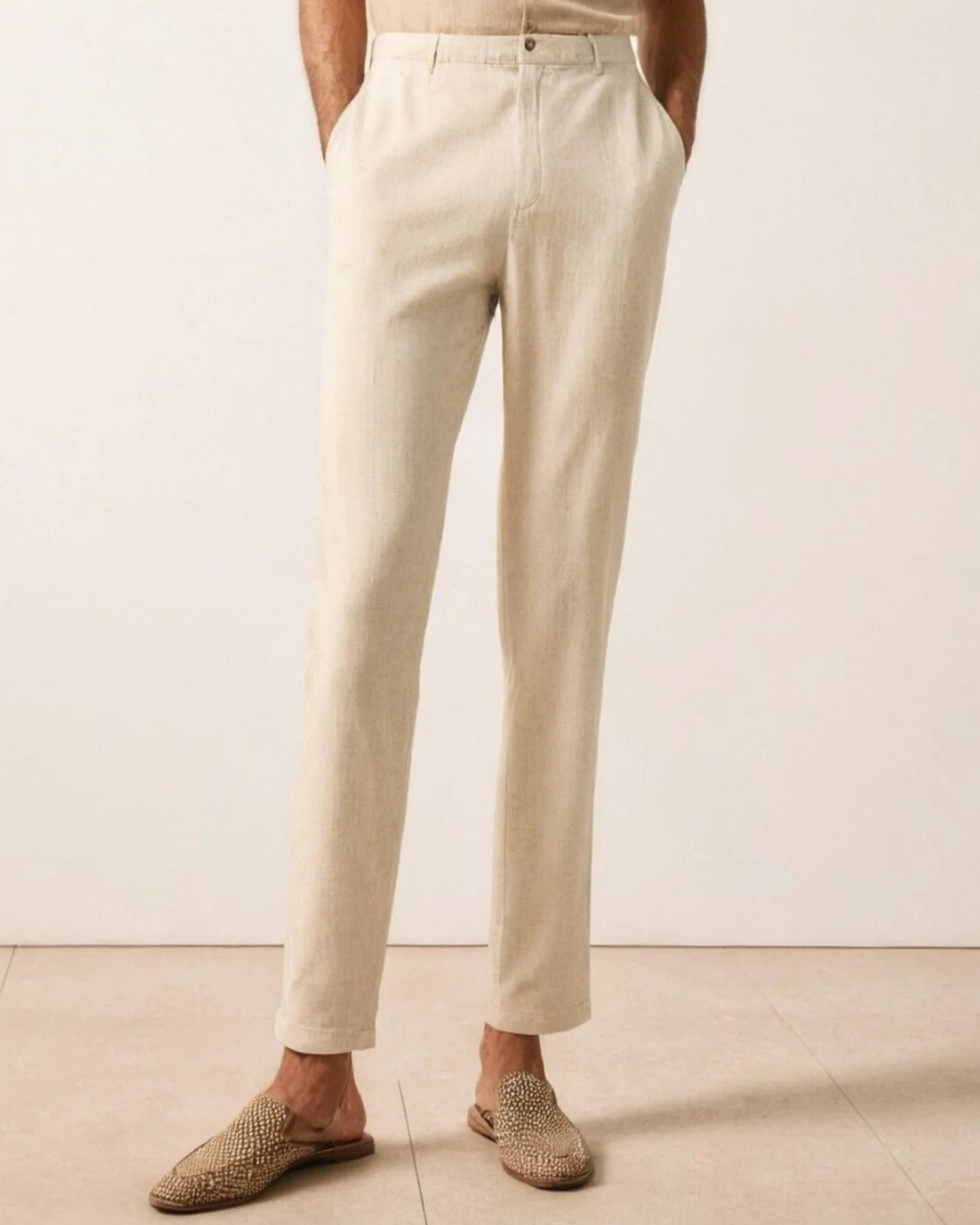 Men's coffee-colored linen pants, front view – Grinenko & Co