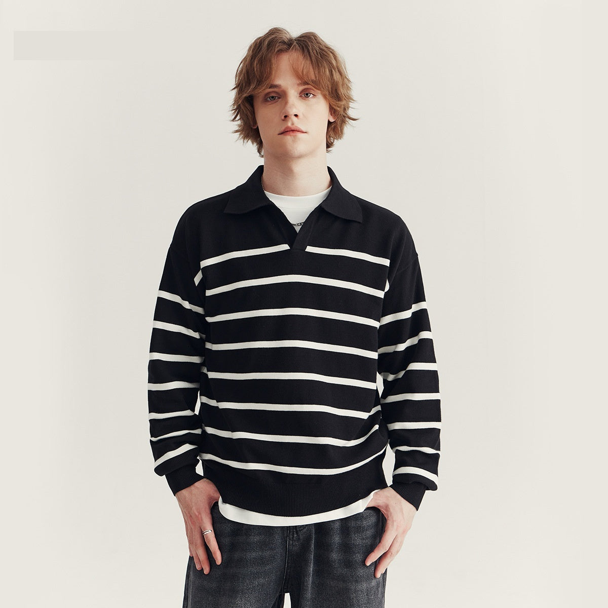 High-grade Loose Contrast Color Striped Sweater Long Sleeve Inner Wear Sweater For Men